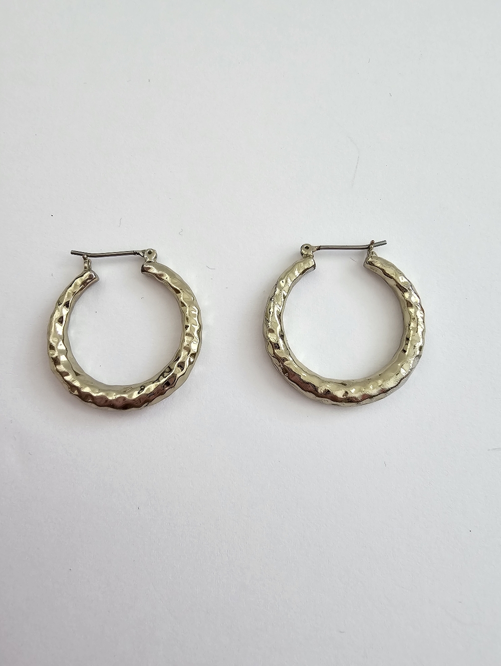 Gold Hammered Hoops, Vintage Textured Round Earrings, Latch Back Gold Tone